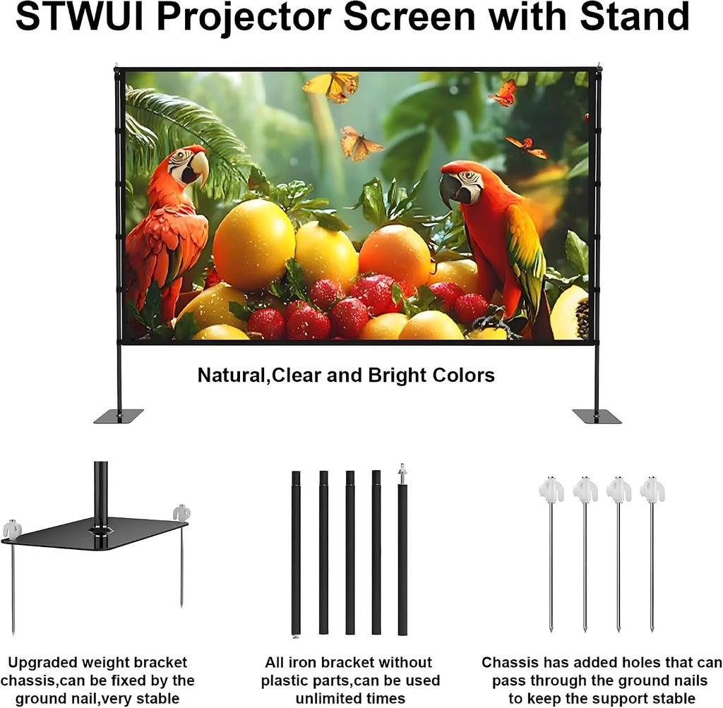 STWUI Outdoor Projector Screen with Stand-100 Inch 16:9 4K HD Portable Projector Screen Outdoor Indoor Front & Rear Projection Screen Lightweight Movie Screen with Carry Bag for Home,Backyard,Camping