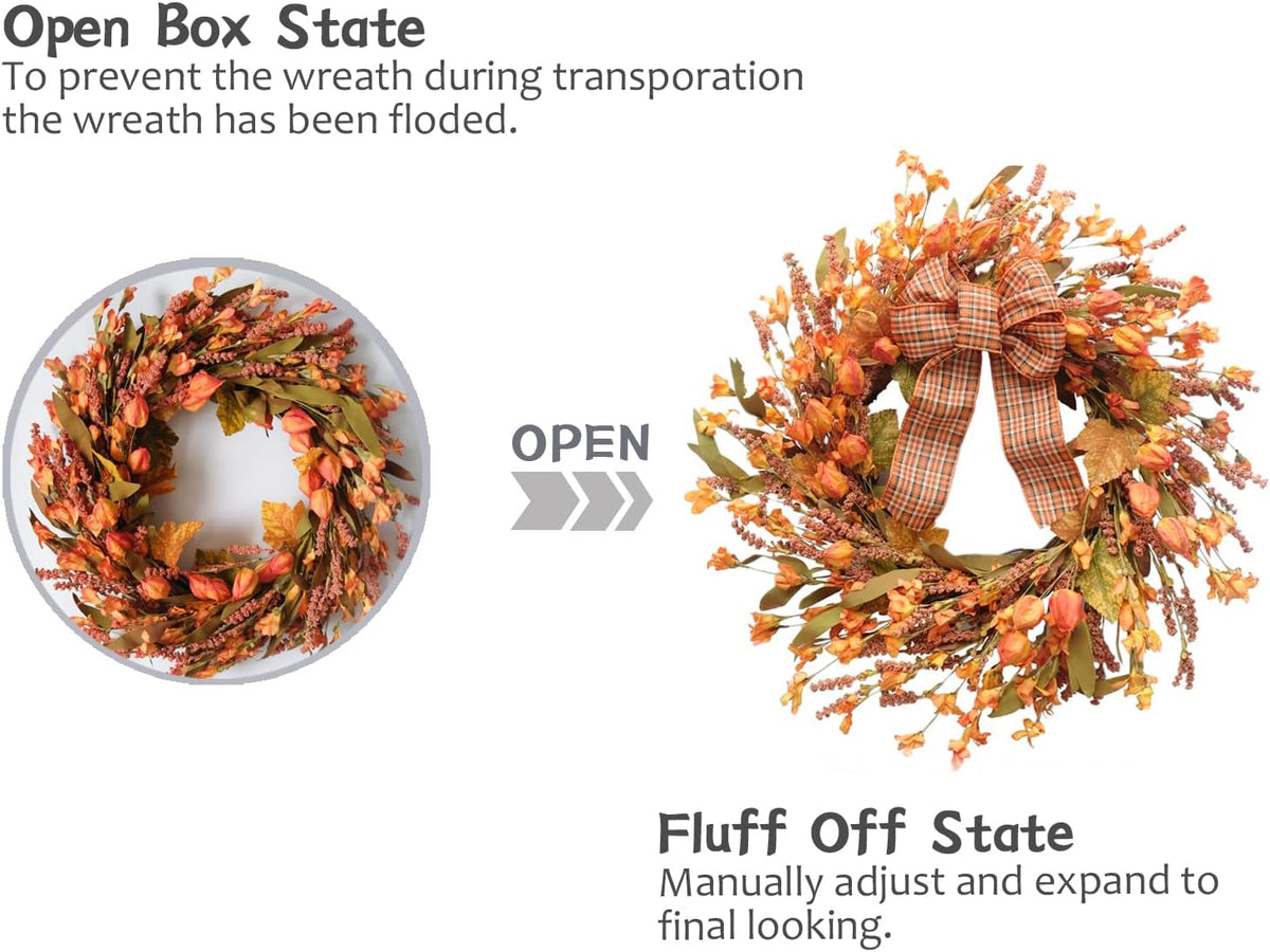 Idyllic 18 Inches Artificial Fall Wreath, Autumn Decoration with Berries & Leaves, Thanksgiving Harvest Front Door Wreath for Home Farmhouse Halloween Thanksgiving Day Festival Celebration Decor
