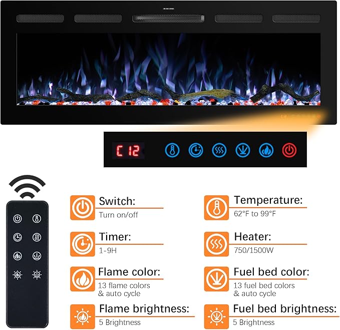 33" WiFi Electric Fireplace Inserts, Recessed and Wall Mounted Fireplace Heater