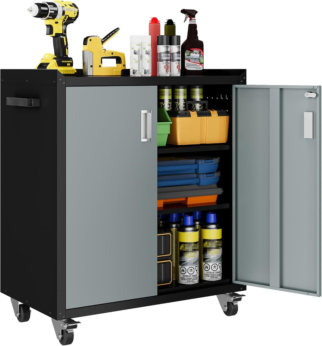 LCAOPC Metal Storage Cabinet with Wheels - Lockable, Rolling Tool Cabinet for Home, Office, Garage & Workshop - Black & Gray