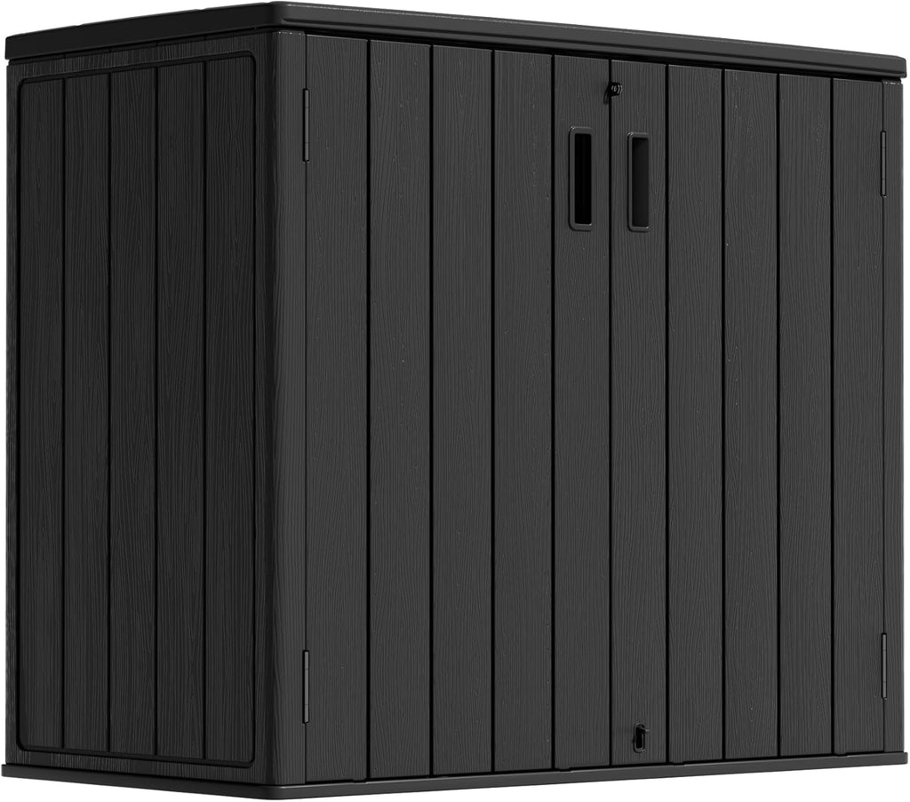 ZZM 37 Cu.ft Outdoor Storage Shed Double-Wall HDPE Storage Cabinet, Waterproof Plastic Sheds with Floor Horizontal Lockable Garden Tools Trash Can, Lawn Mower, Bike Storage, Black
