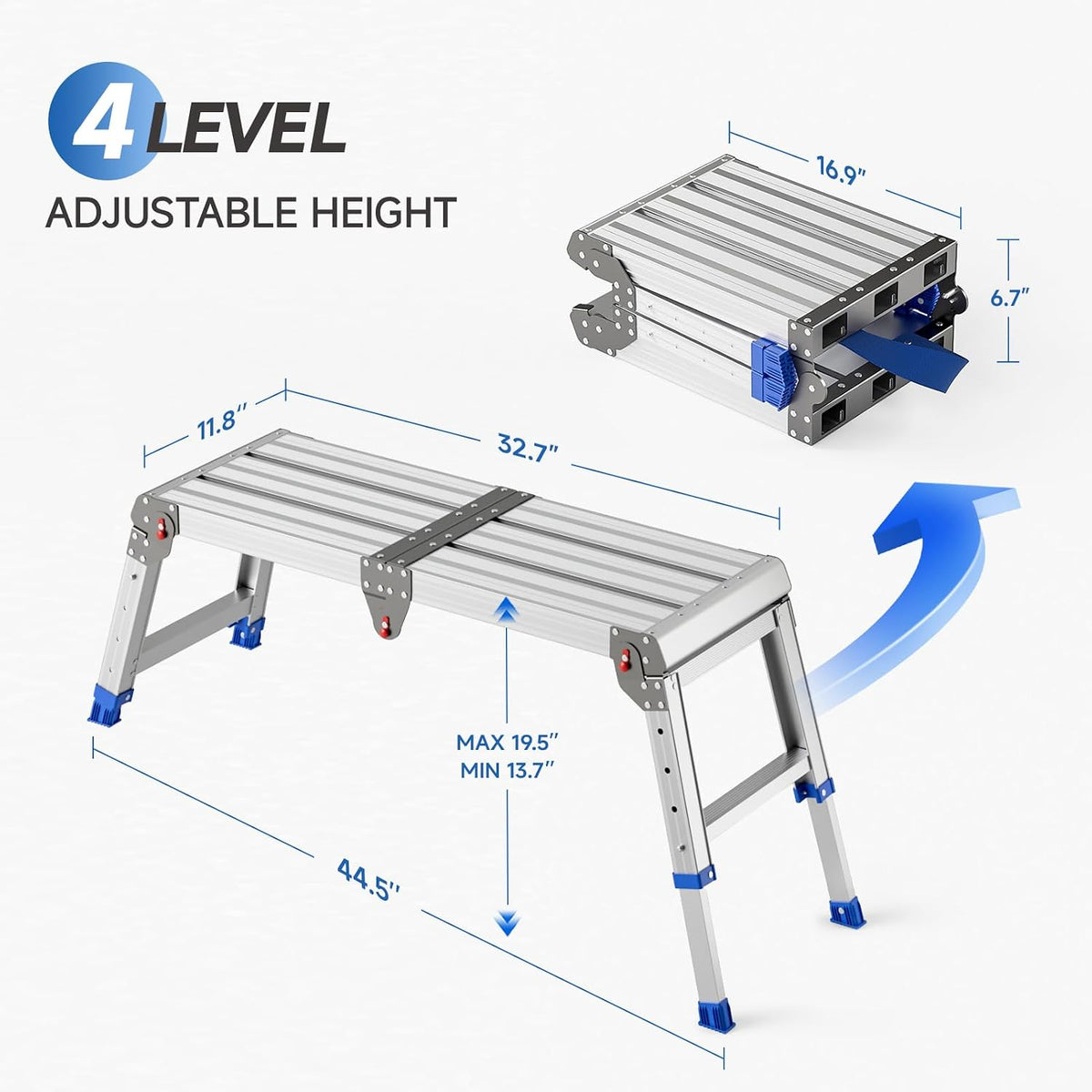 Folding Work Platform for Adults, Portable Aluminum Step Stool 500lb | 13.7"-19.5" Adjustable Height, 11.8" x 32.7" Wide Platform for Garage, Painting, Reach High Shelves, Gardening, Car Wash