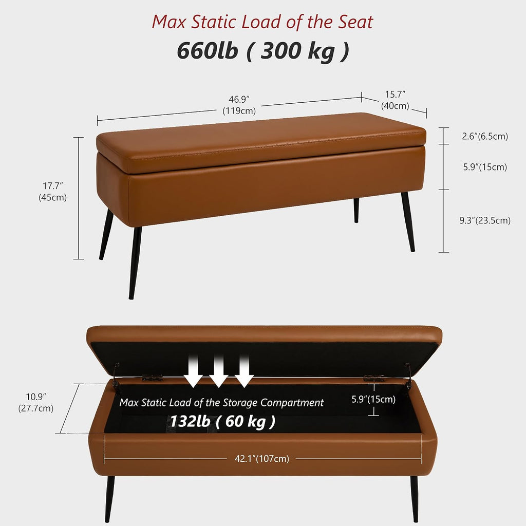 kinmars leather storage ottoman bench, end of bed shown in use