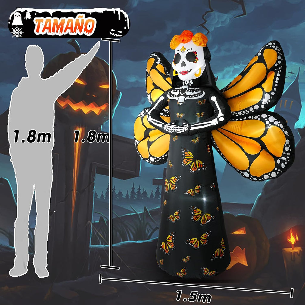 Dia de Los Muertos Decoration, 6 FT Halloween Inflatables Décor Day of The Dead Spooky Sugar Skull Butterfly Wings, Halloween Blow up Yard Decorations with Built-in LED for Altar Garden, Lawn