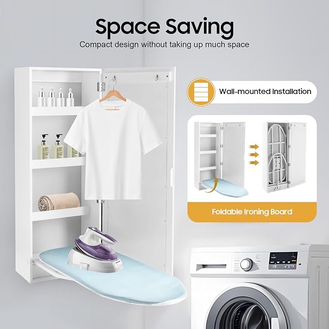 Ropoana Wall Mount Ironing Board Cabinet, Built-in Swivel Ironing Board Foldable