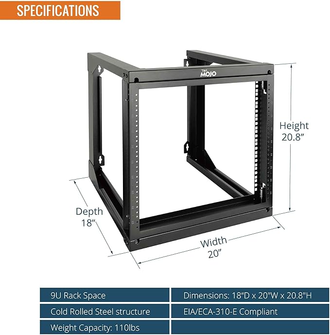 Tecmojo 9U Wall Mount Rack, Server Rack, Open Frame Server Rack, Network Rack
