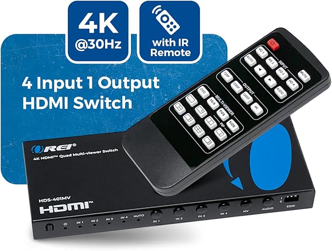 OREI Quad Multi HDMI Viewer 4 in 1 Out HDMI Switcher 4 Ports Seamless Switcher