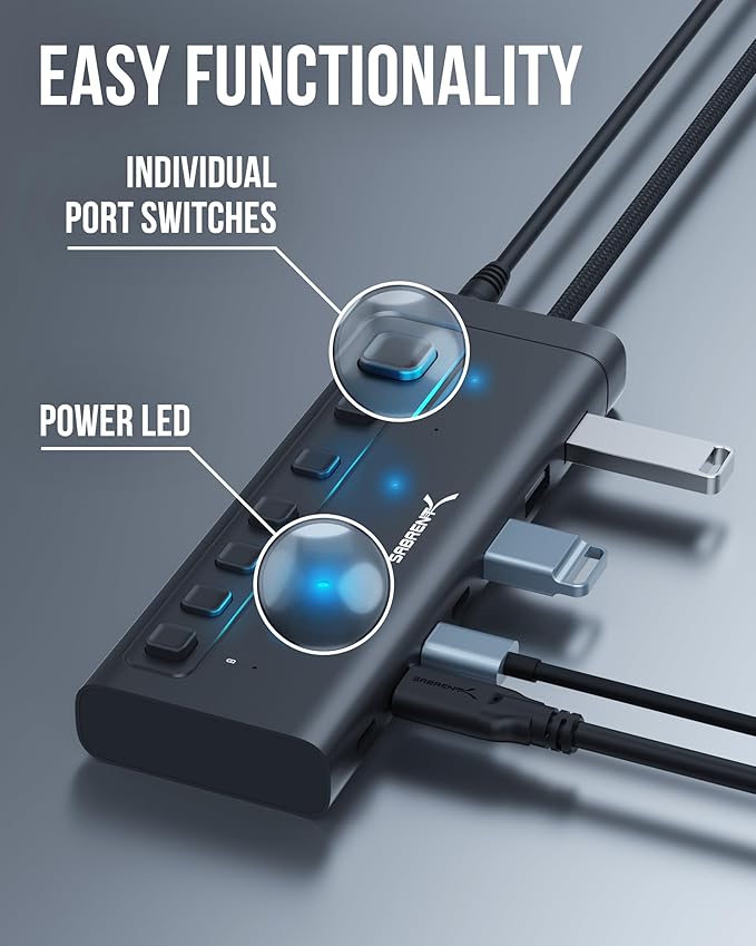 SABRENT 7-Port USB-C Hub with Power Switches, 5Gbps USB 3.2, 48W Powered Hub
