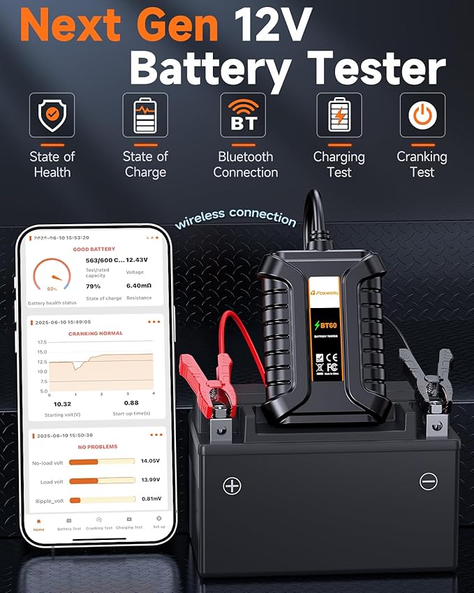 Bluetooth Car Battery Tester Foxwell BT60, 12V Battery Load Tester, Cranking