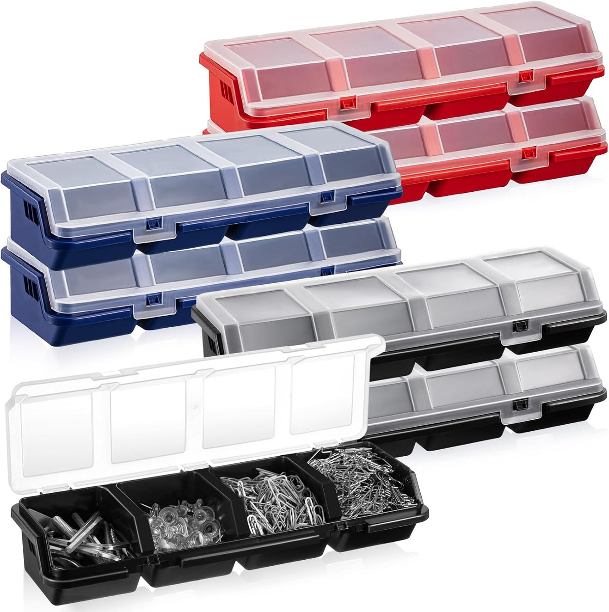 Hushee 6 Pcs Screw Organizer Box with Lid 4 Compartments, Blue,Red,Black