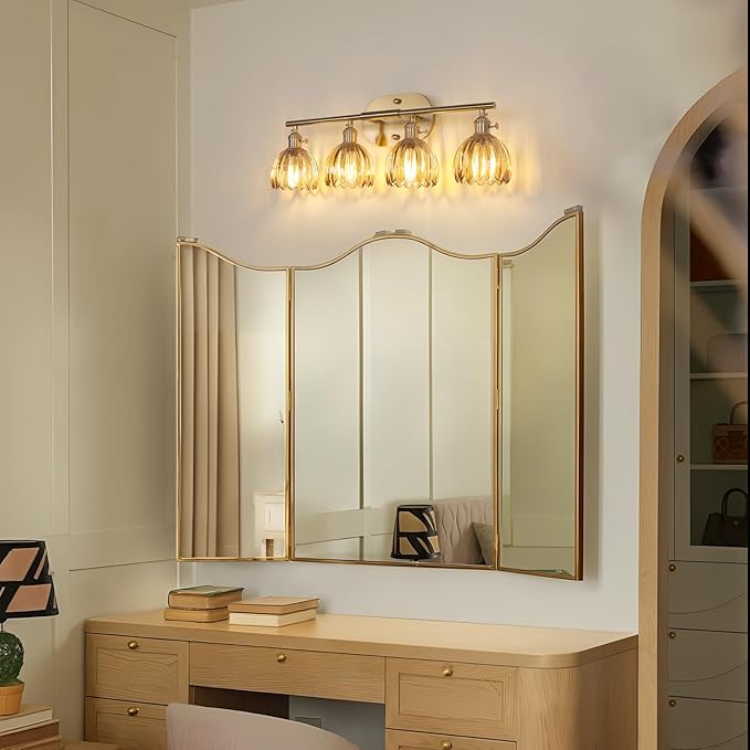 Shenmoyl Bathroom Light Fixtures, 4-Light Brass Vanity Wall Light Over Mirror