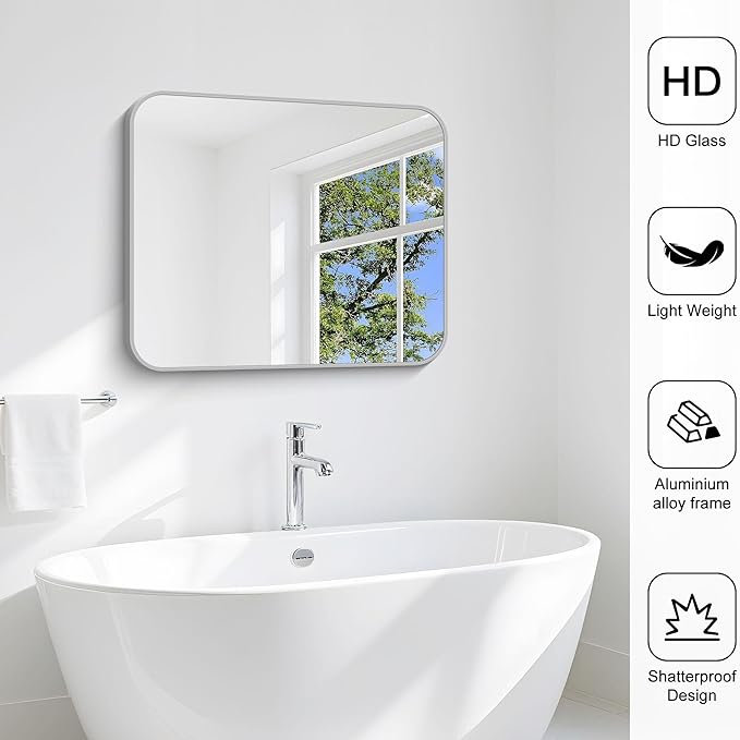 Silver Bathroom Mirror, 30 x 36 Inch Metal Framed Silver Rectangle Mirror