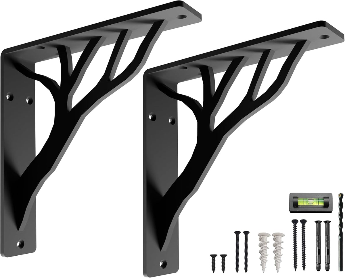 Rustic Tree Black Heavy Duty Shelf Brackets 10 inch by Balin Designs, Decorative L Brackets for Shelves, Metal Fireplace Mantel Large Shelf Bracket, Shelving Bracket, Included Hardware, Set of 2