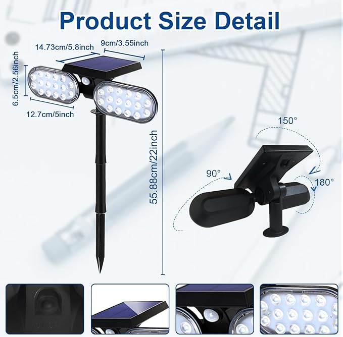 EMANER Motion Solar Lights Outdoor, Solar Floodlight, Stay On or Motion Sensor (2-Pack)