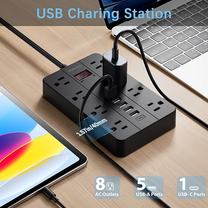 15 Ft Long Extension Cord Power Strip Surge Protector, HUNIAN Flat Plug