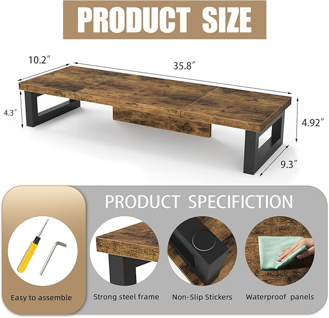 WESTREE Dual Monitor Stand Riser, Wood and Steel Monitor Stand Riser, Computer