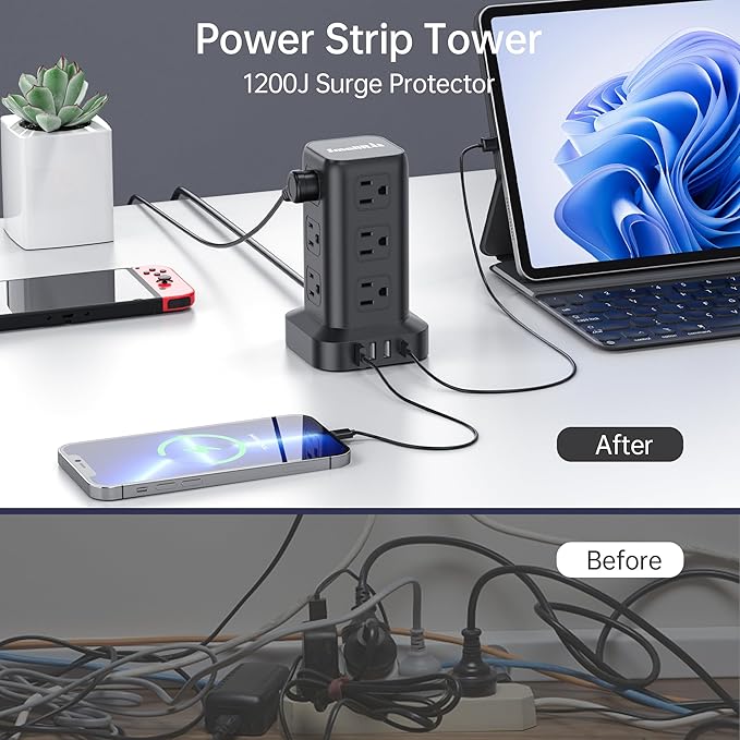 Surge Protector Power Strip Tower, 10FT Extension Cord