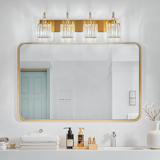 BBLLWJ Modern Bathroom Vanity Light 4-Light Gold Crystal Light Fixtures Over