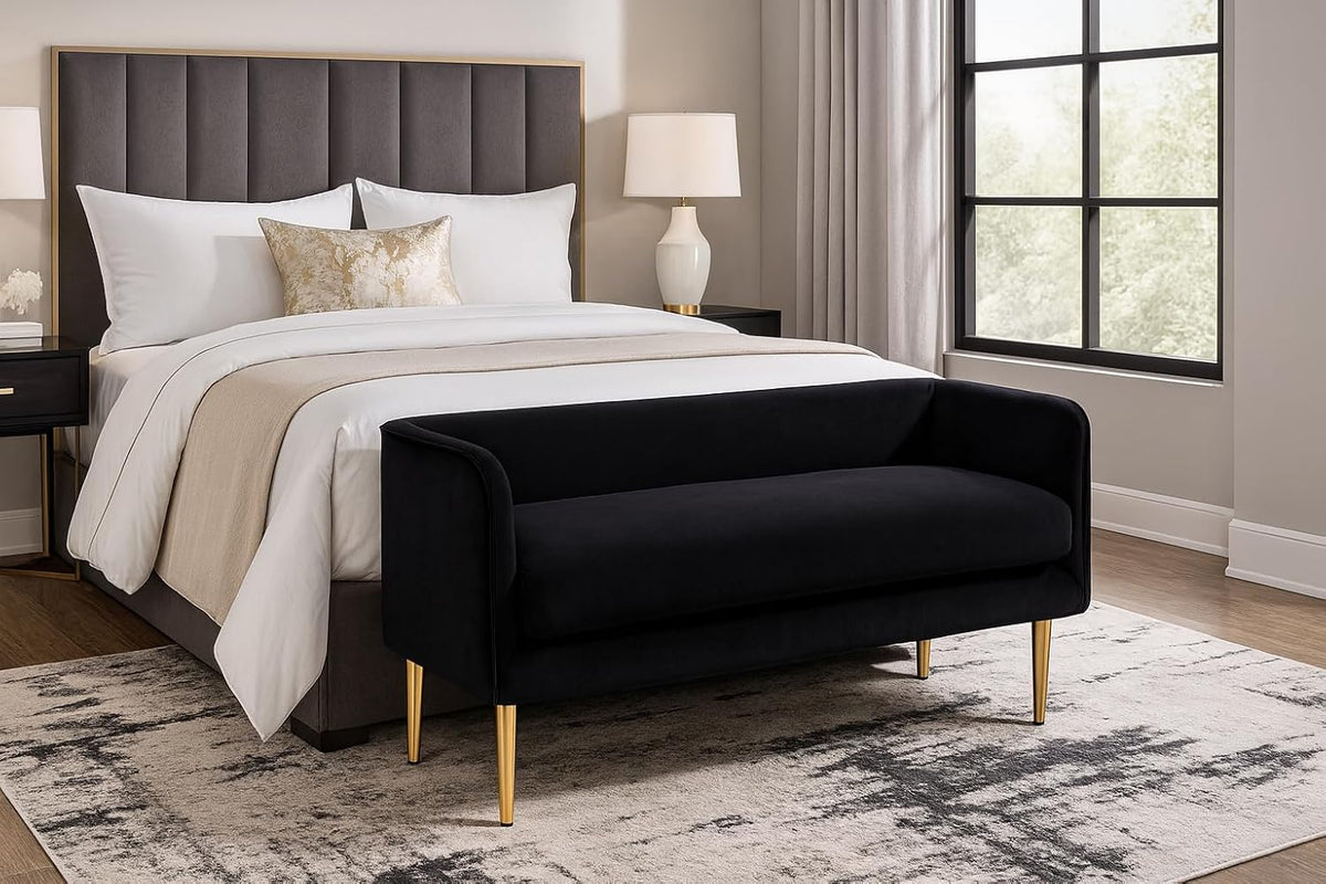 Meridian Furniture Audrey Collection Modern | Contemporary Velvet Upholstered Bench with Sturdy Metal Legs in Gold Finish, 52" W x 19" D x 24" H, Black