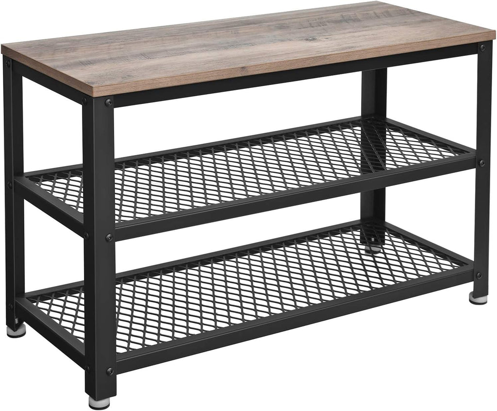 VASAGLE 3-Tier Shoe Rack, Storage Bench with Metal Mesh Shelves and Seat