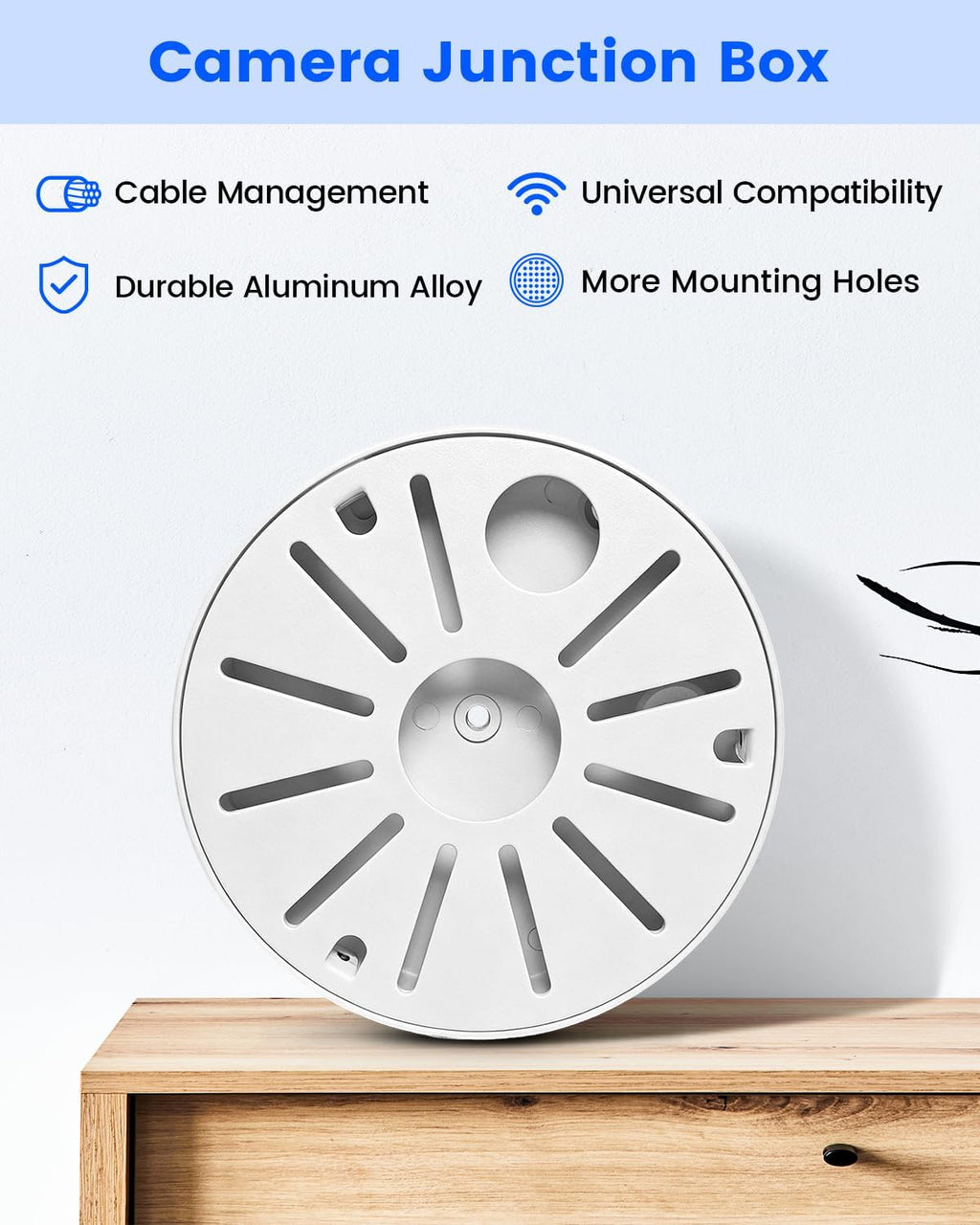 metal security camera junction box, cable concealment base, close-up detail