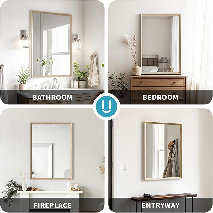 Oak Wood Effect Framed Wall Mirror, 30x48 Rectangle Mirror, Anti-desilvering
