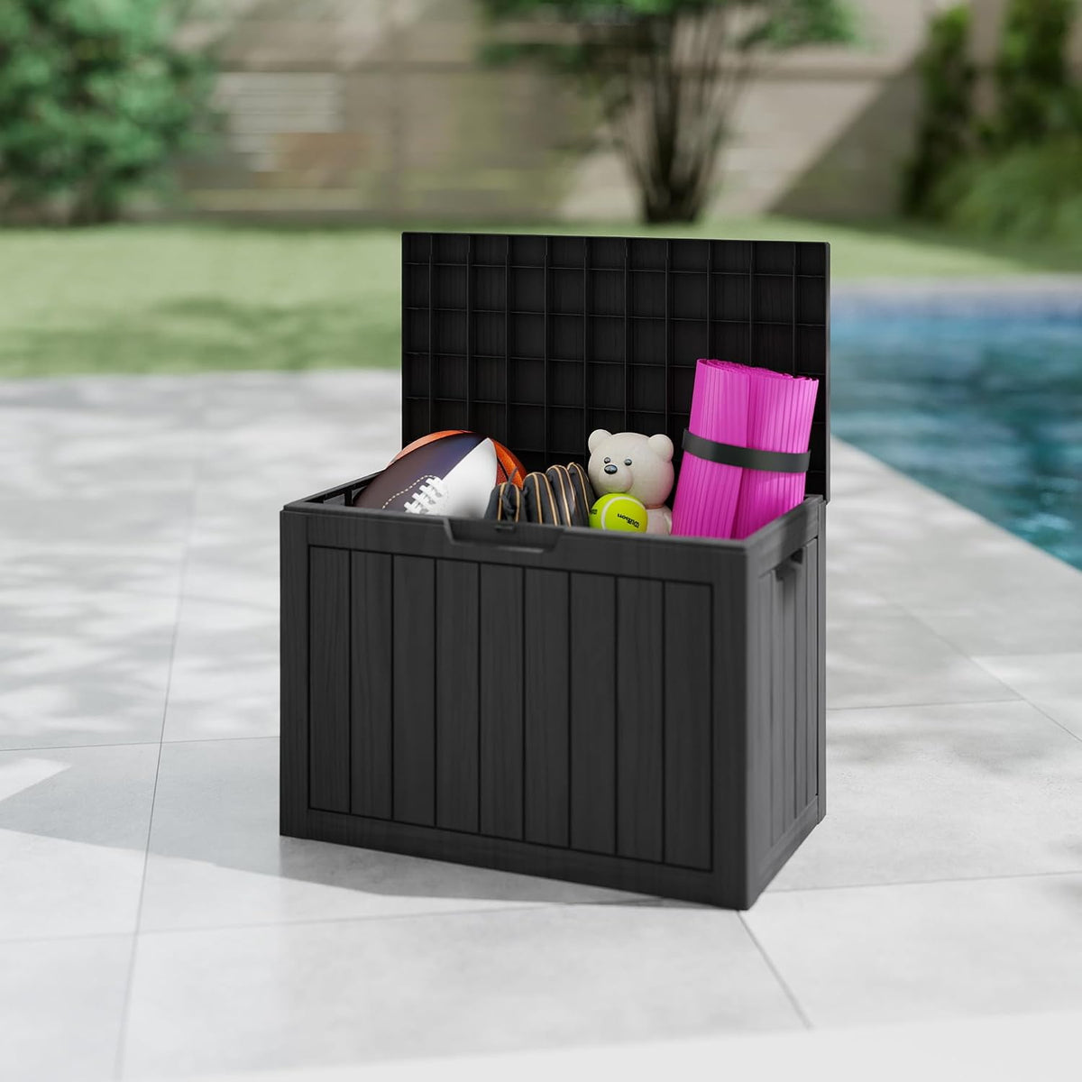 45 Gallon Deck Boxes Outdoor Waterproof, Outdoor Storage Box with Lockable Lid & UV-Resistant for Patio Furniture, Outdoor Cushions, Garden Tools and Pool Supplies, Black