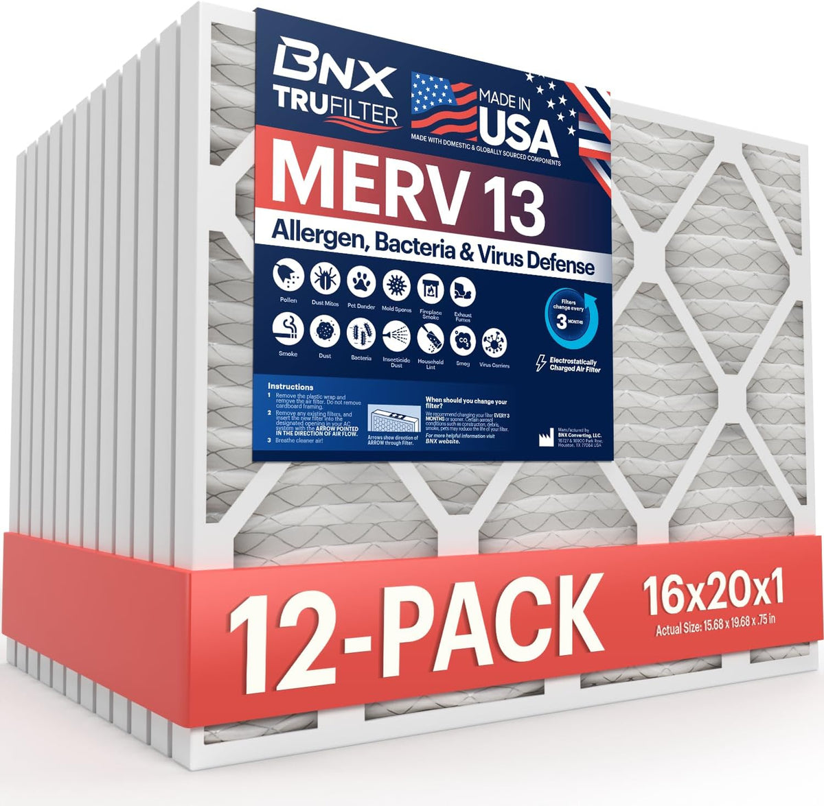 BNX TruFilter 16x20x1 MERV 13 AC Furnace Air Filter (12-Pack)