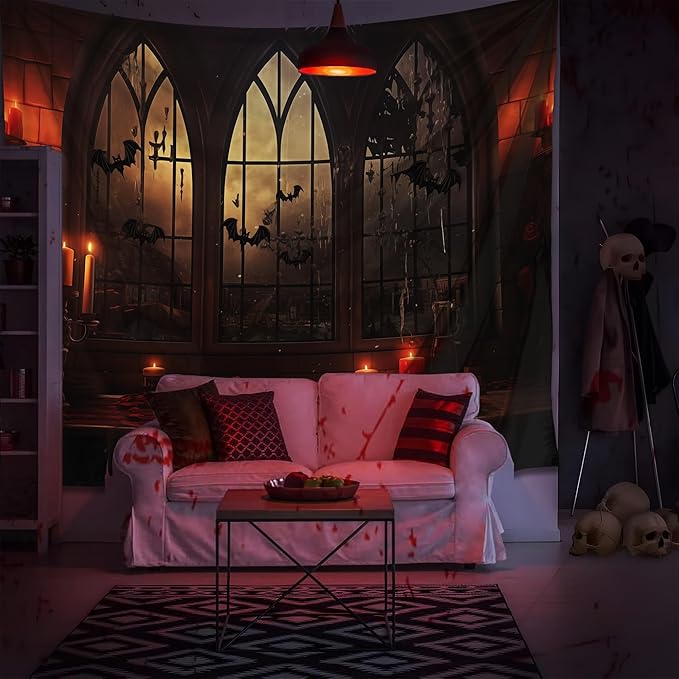 QGHOT Halloween Tapestry Wall Hanging Horror Castle Window Tapestry Gothic Spooky Backdrop Vampire Medieval Tapestries for Bedroom Living Room Dorm Wall Art Decor (104"x78.7")