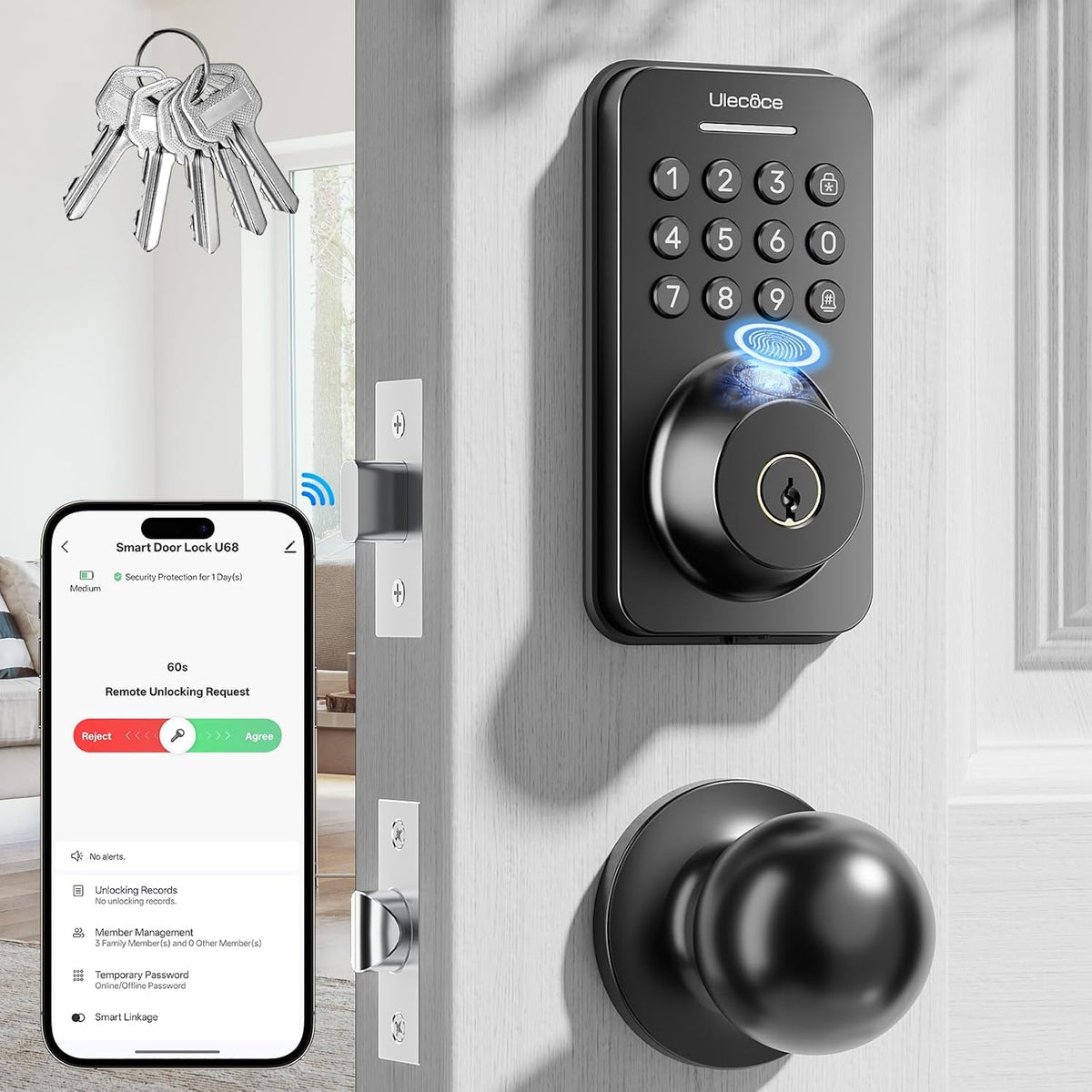Ulecoce U68W WiFi Fingerprint Smart Door Lock with Knob Set, Matte Black