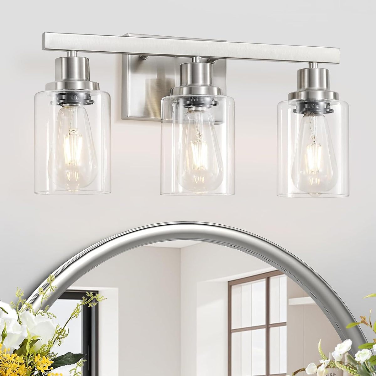 DIKAIDA 3-Light Bathroom Light Fixtures, Nickel Bathroom Vanity Light