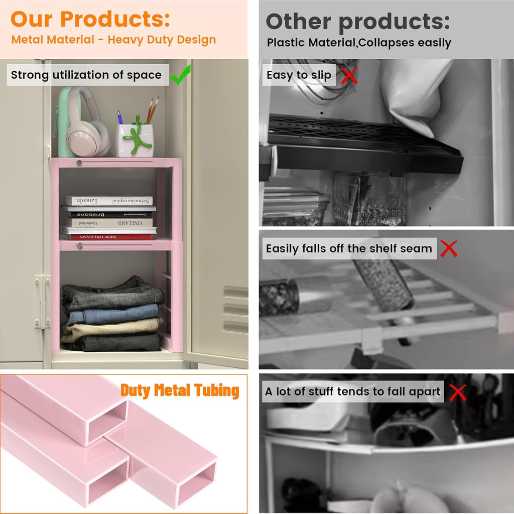 lidtop locker organizer shelf pink, adjustable width and showing dimensions