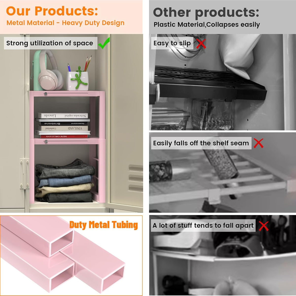 lidtop locker organizer shelf pink, adjustable width and showing dimensions