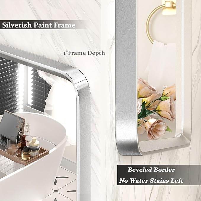66x40 Inch Silver Framed Mirror, Brushed Nickel, Rounded Rectangle Mirror