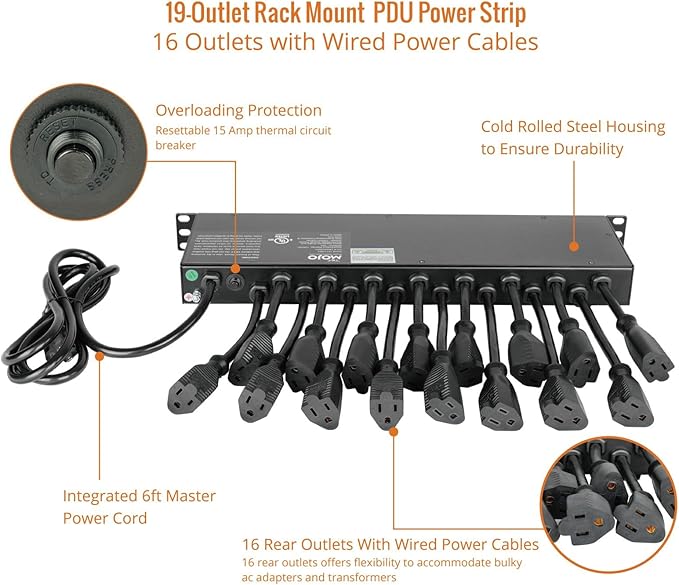 Tecmojo 1U Rack Mount 19 Outlet PDU Power Distribution Unit Power Strip Circuit