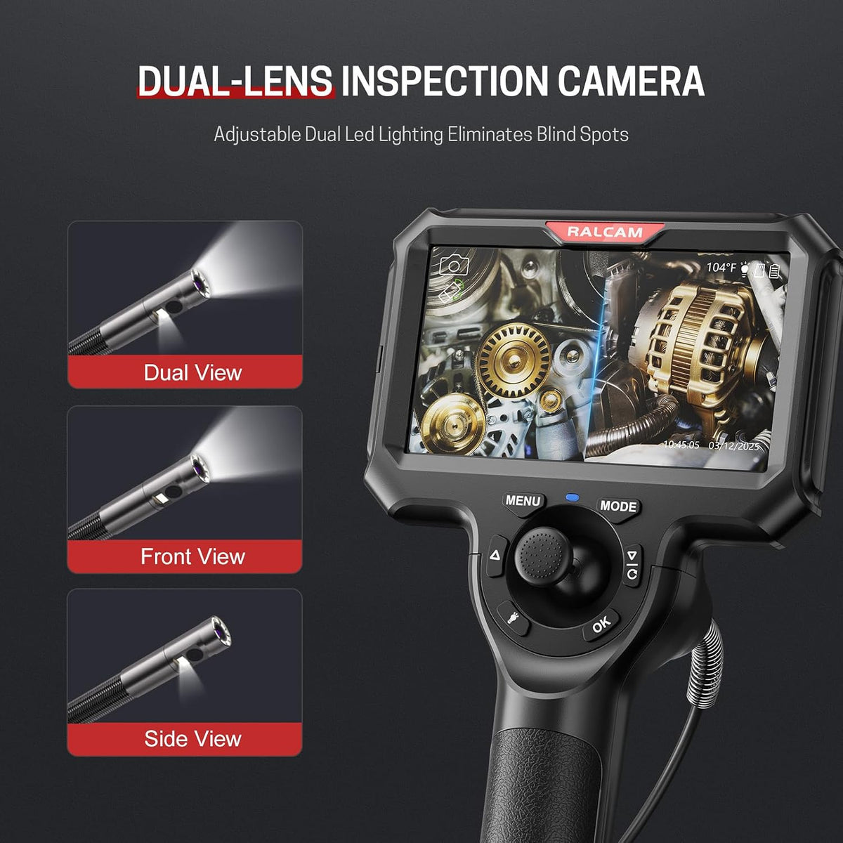 ralcam 4-way 360° articulating borescope for mechanic automotive, side view