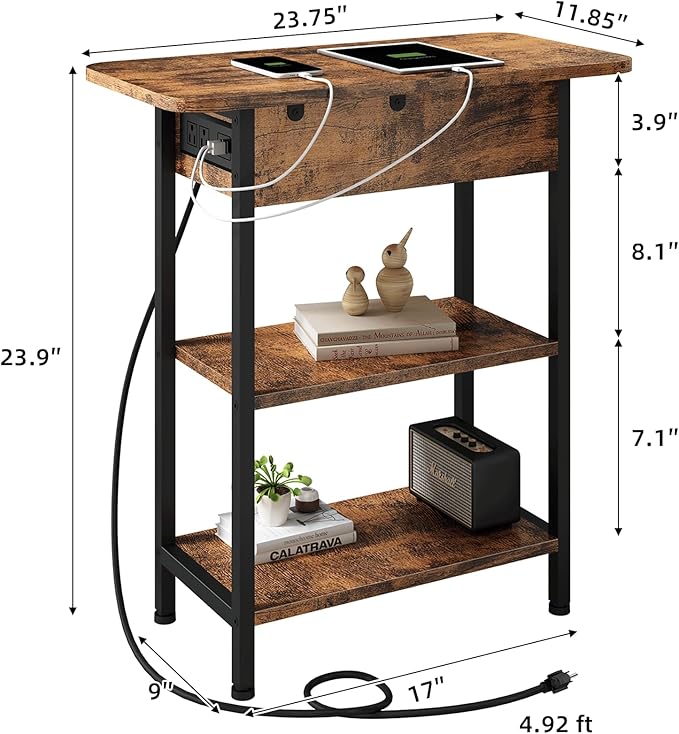 LIDYUK End Table with Charging Station, Flip Top Side Table with USB Ports and