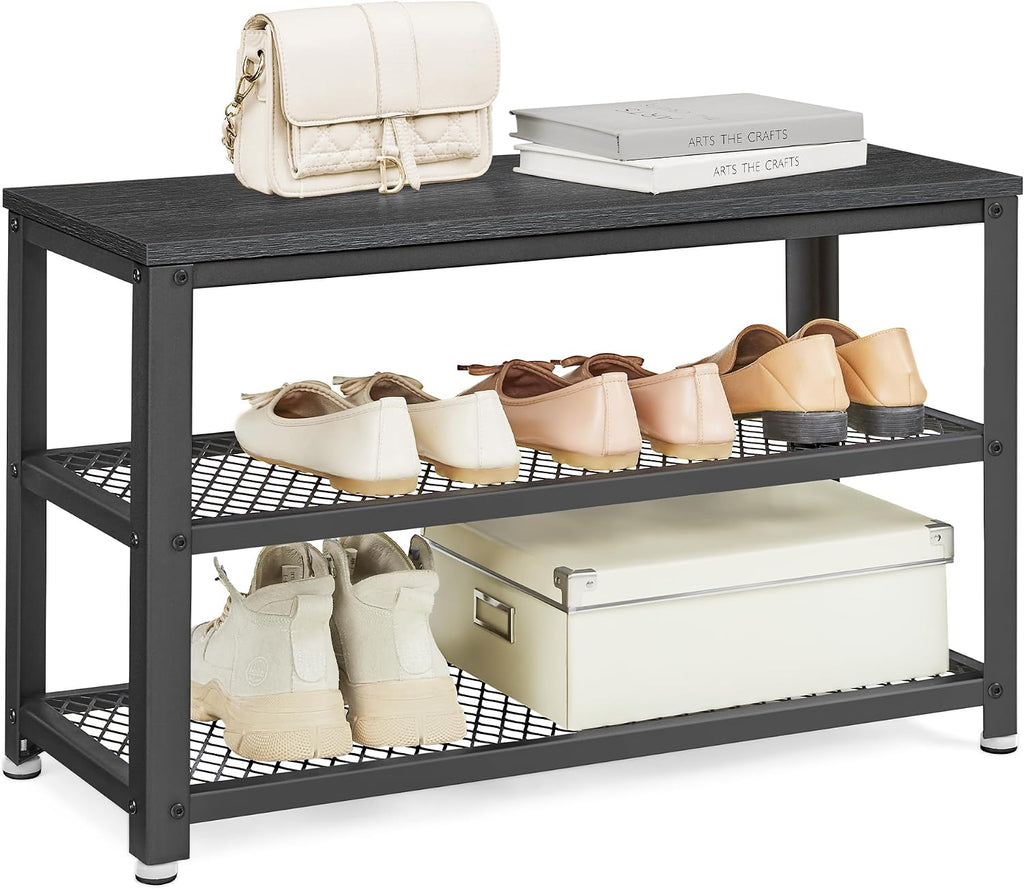 vasagle 3-tier shoe rack, storage bench with metal on a desk or shelf