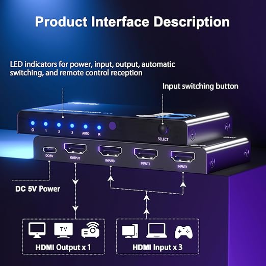 JCHICI HDMI Switch 3 in 1 Out, 4K@60Hz Switcher Splitter, Auto-Switching HDMI