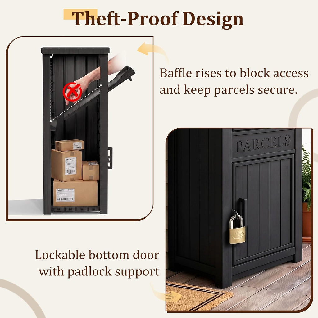 package delivery boxes for outside, outdoor storage box showing dimensions