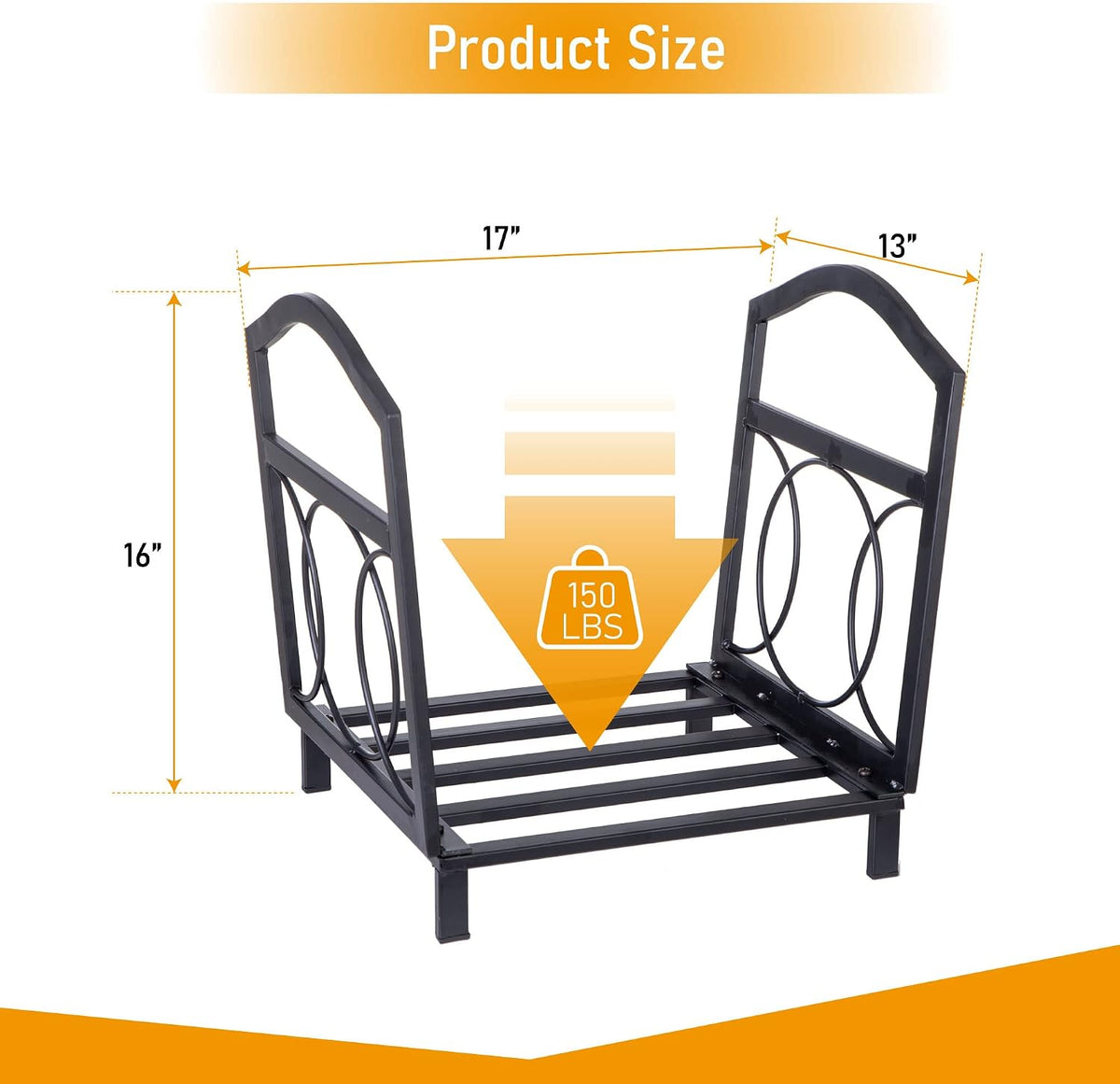 mfstudio firewood rack outdoor indoor, iron fire wood showing dimensions