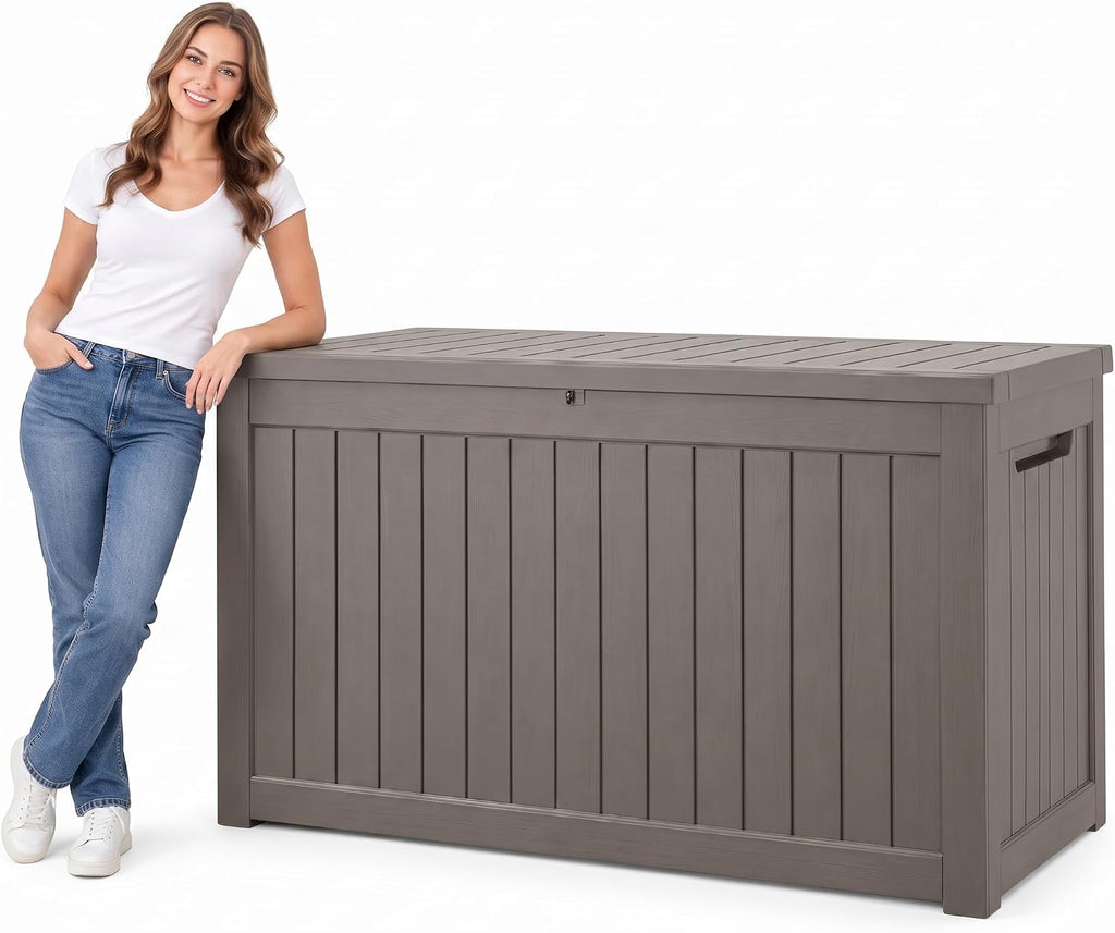 300 Gallon Outdoor Storage Box Resin Deck Box All Weather Waterproof Large Lockable Storage Container Deck Box for Patio Furniture, Garden Tools, Lockable, Gray