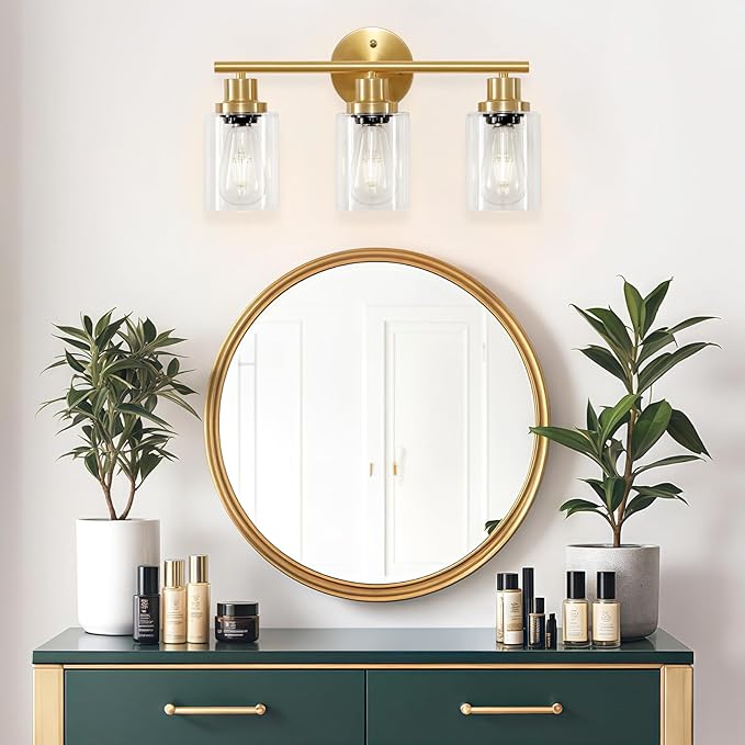 Guliaofo 3-Light Brushed Gold Vanity Lights, E26 Modern Bathroom Light Fixtures