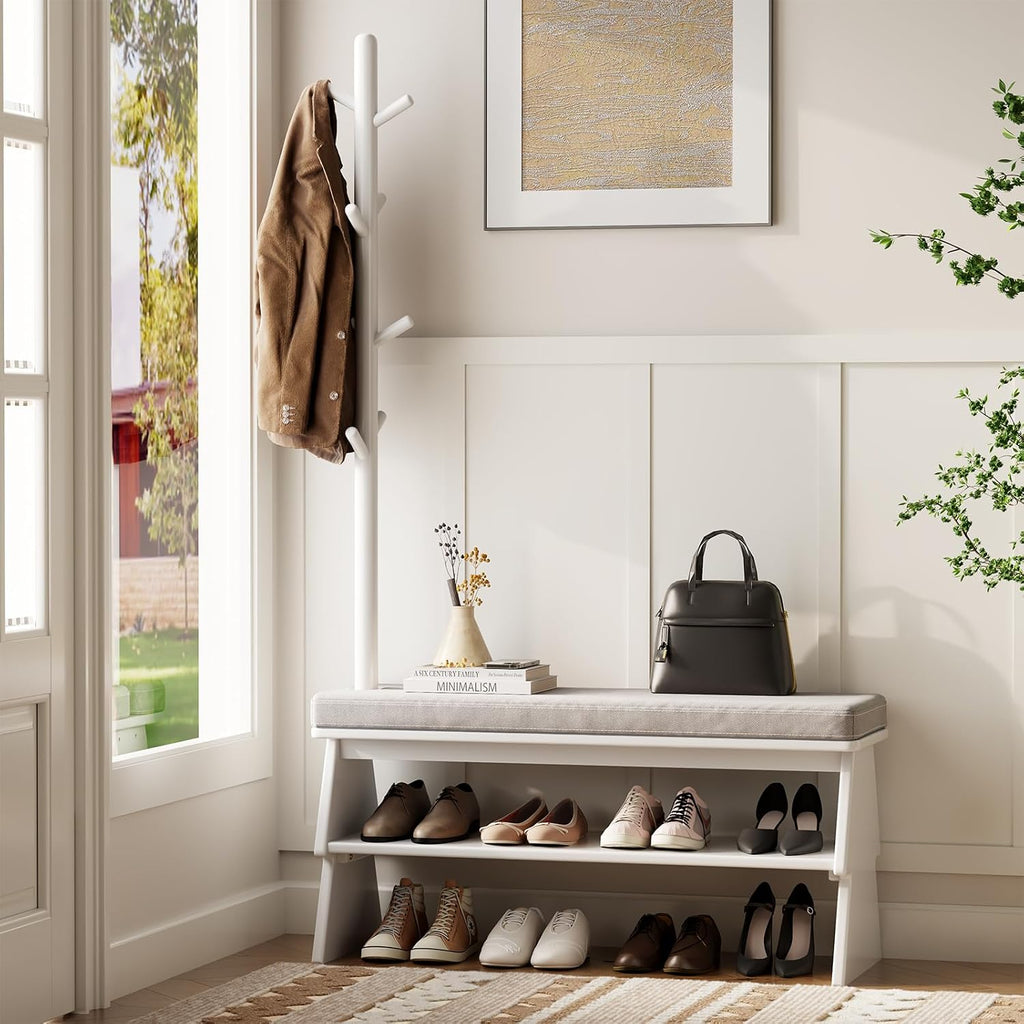 Coat Rack with Shoe Storage, Shoe Rack with 8 Hook, White
