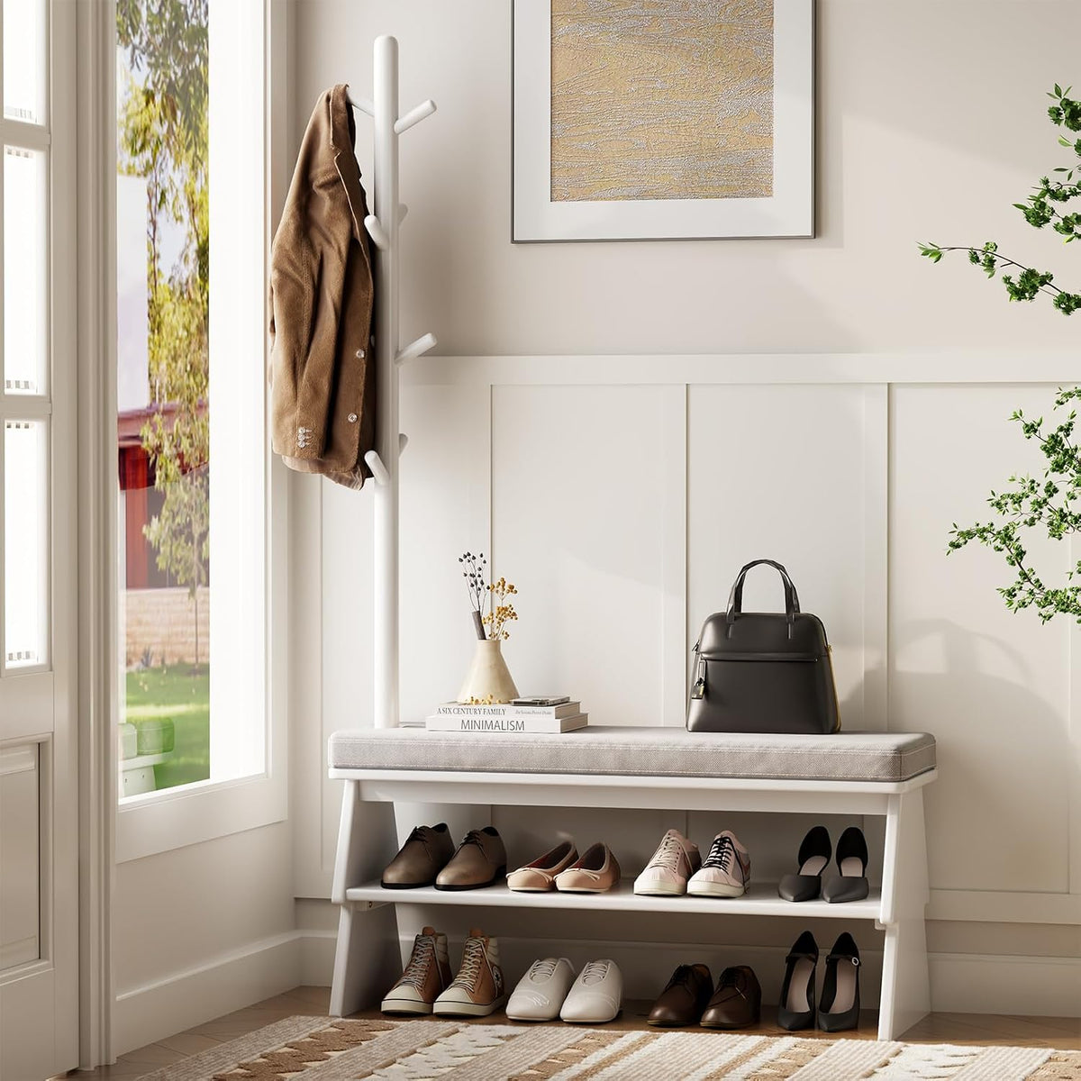 Coat Rack with Shoe Storage, Shoe Rack with 8 Hook, White