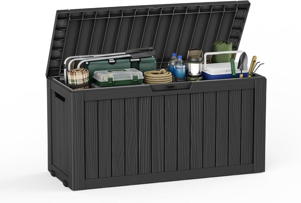 85 Gallon Outdoor Storage Deck Box Waterproof Resin Lockable Outside Bench Porch Patio Furniture Pool Float Garden Tool Cushion UV Resistant Bin Black