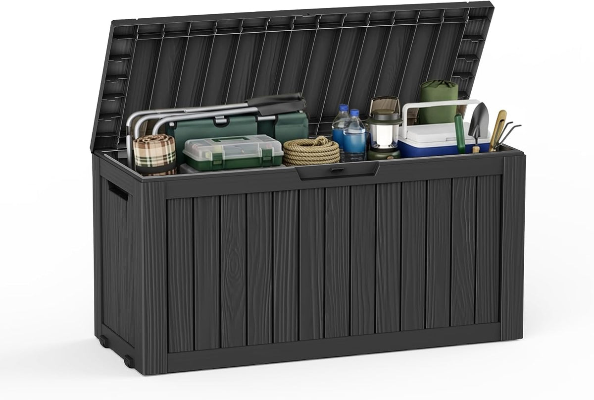 85 Gallon Outdoor Storage Deck Box Waterproof Resin Lockable Outside Bench Porch Patio Furniture Pool Float Garden Tool Cushion UV Resistant Bin Black
