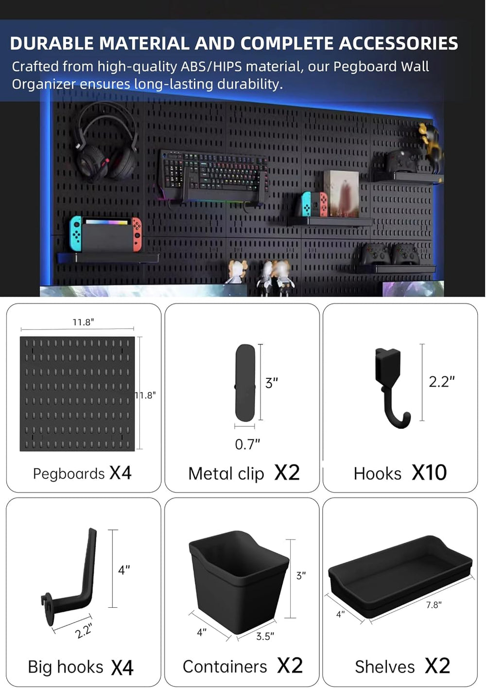 Pegboard Wall Organizer Kit, Modular Storage System, Black