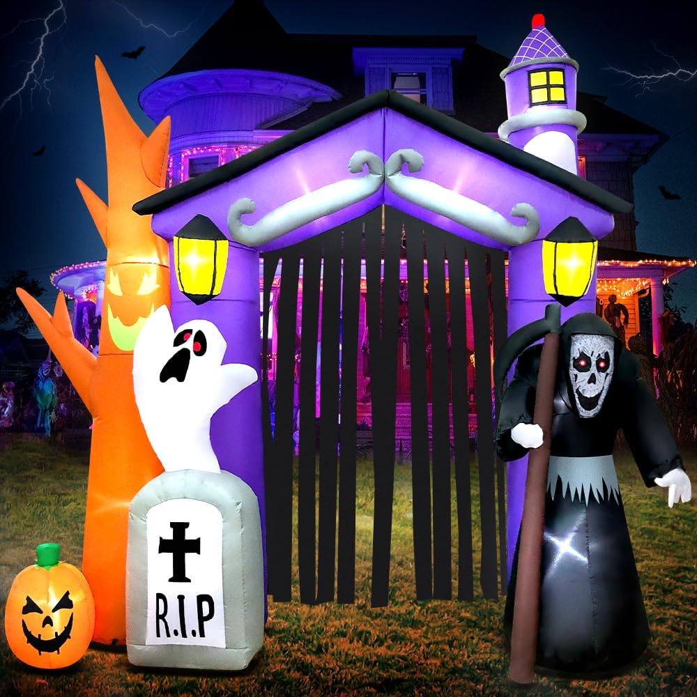 9FT Halloween Inflatables Haunted House Castle Archway Decoration with Led Li...
