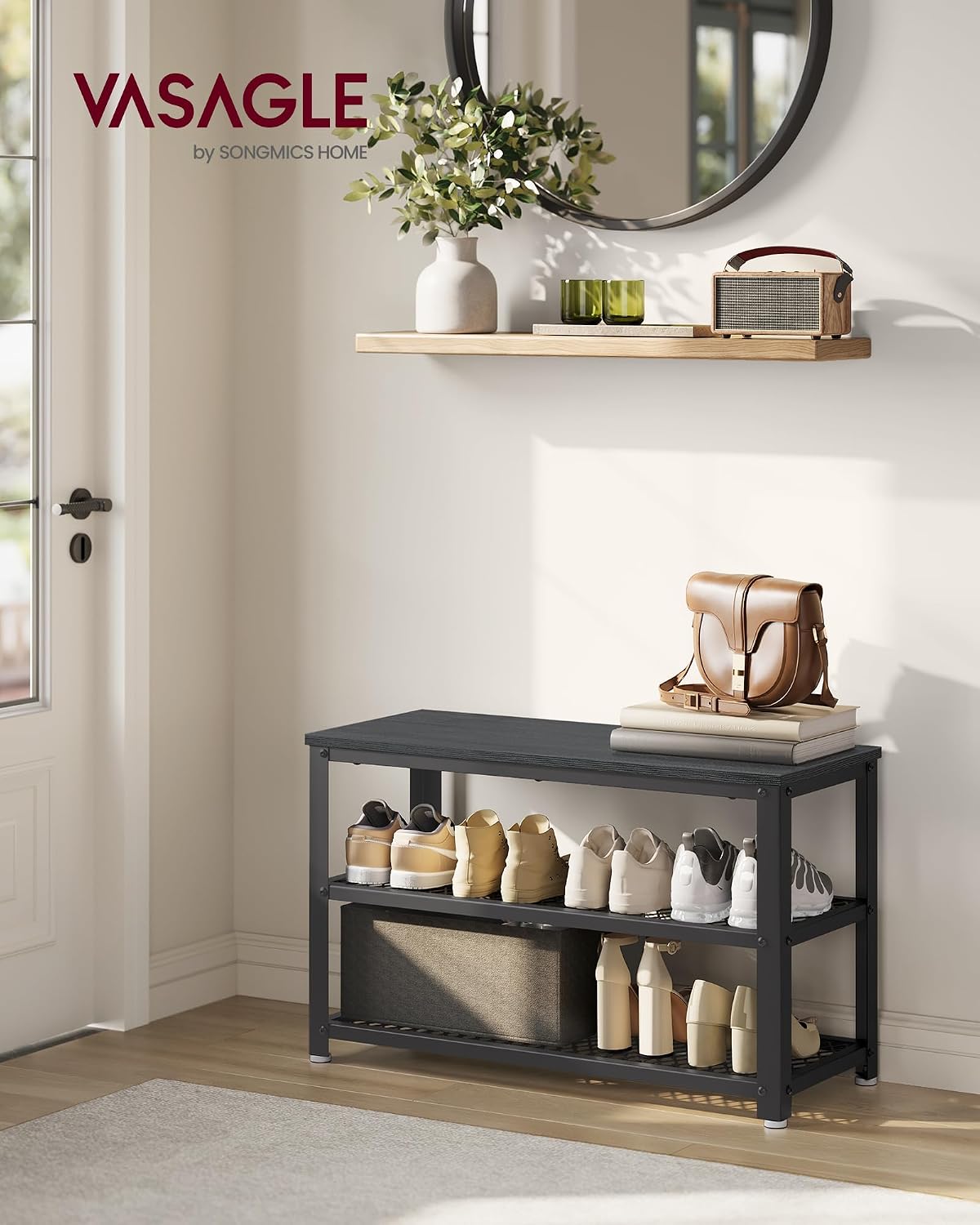 vasagle 3-tier shoe rack, storage bench with metal shown in use